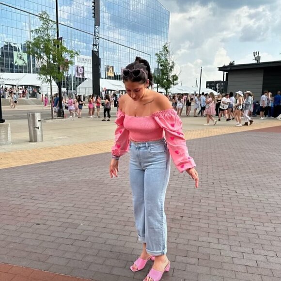 EUC - Main Strip Heartfelt Milkmaid Smocked Sequin Hearts Crop Top - Size: Large - Picture 2 of 10